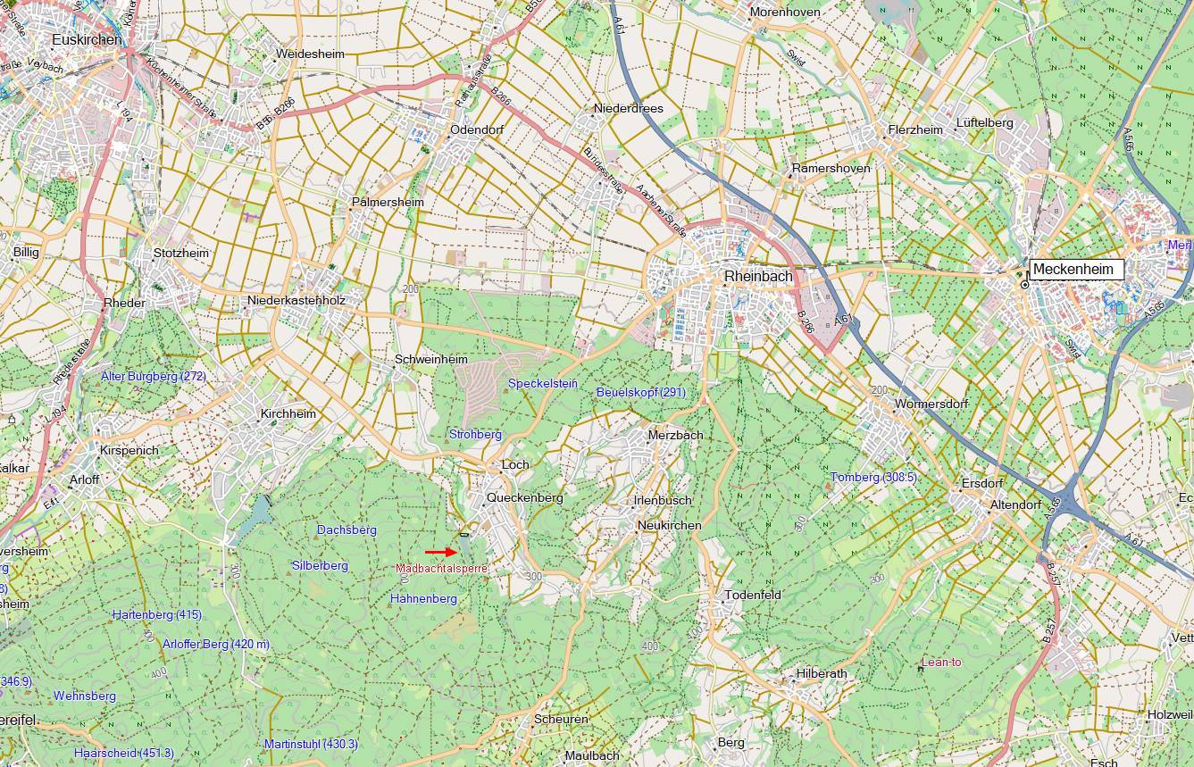 Madbach 1(14) Westlich vom Autobahnkreuz Meckenheim versteckt sich die kleine Madbach-Talsperre (68 500 m³ Stauvolumen) am Rand der Eifel. Sie versorgt zusammen mit der benachbarten Steinbachtalsperre die lokale Industrie und Landwirtschaft mit Brauchwasser.