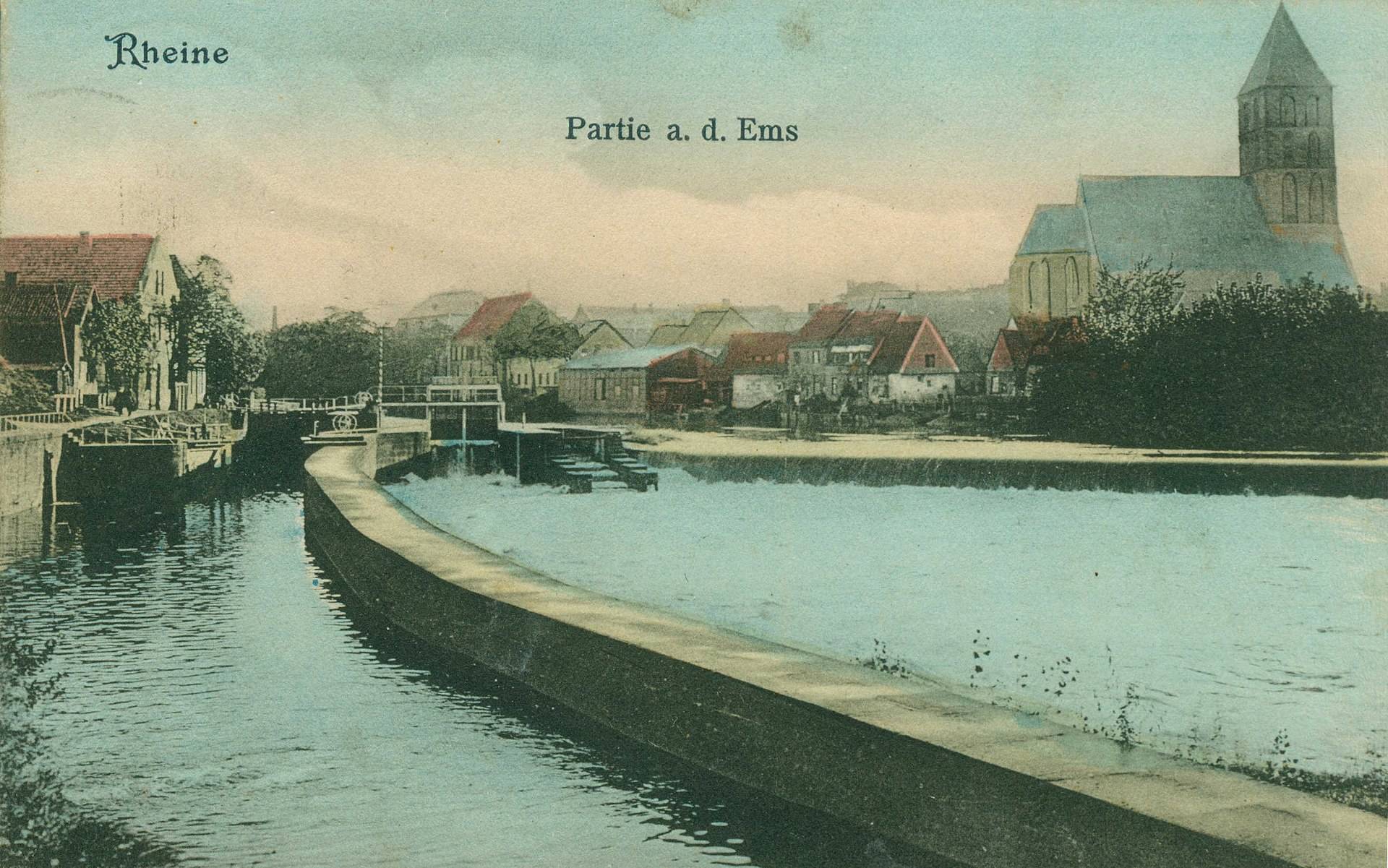 Das Emswehr in Rheine auf einer Postkarte von 1908, eingescannt „Von Zumthie - Scan, PD-alt-100, https://de.wikipedia.org/w/index.php?curid=5661872“ (6|6)