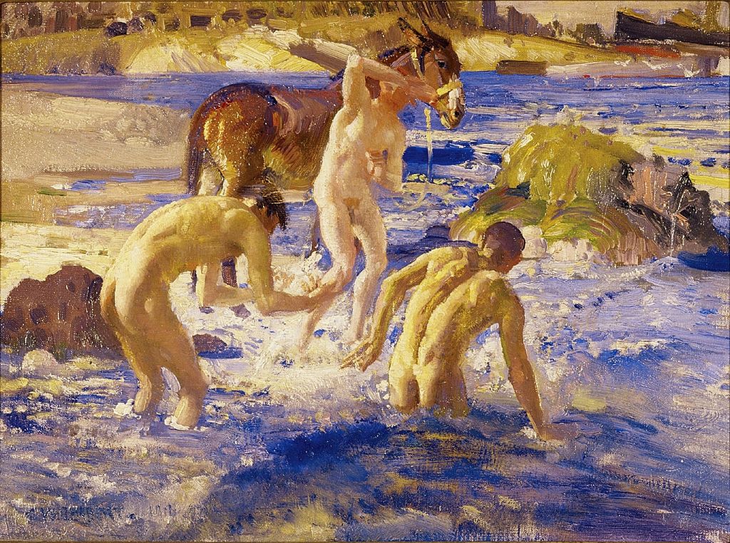 Anzacs baden im Meer, 1914, Public domain. George Washington Lambert, *1873 in Sankt Petersburg, †1930 in Cobbity (Australien), war ein australischer Künstler, bekannt für seine Porträts und als Kriegsmaler während des Ersten Weltkrieges. Das »Australian and New Zealand Army Corps« (ANZAC) war ein Armeekorps der Streitkräfte des Britischen Empire im Ersten Weltkrieg; es wurde aus Australiern und Neuseeländern gebildet. Anzacs baden im Meer, 1914, Public domain. George Washington Lambert<!-- START: ConditionalContent -->, *1873 in Sankt Petersburg, †1930 in Cobbity (Australien), war ein australischer Künstler, bekannt für seine Porträts und als Kriegsmaler während des Ersten Weltkrieges. Das »Australian and New Zealand Army Corps« (ANZAC) war ein Armeekorps der Streitkräfte des Britischen Empire im Ersten Weltkrieg; es wurde aus Australiern und Neuseeländern gebildet.<!-- END: ConditionalContent -->