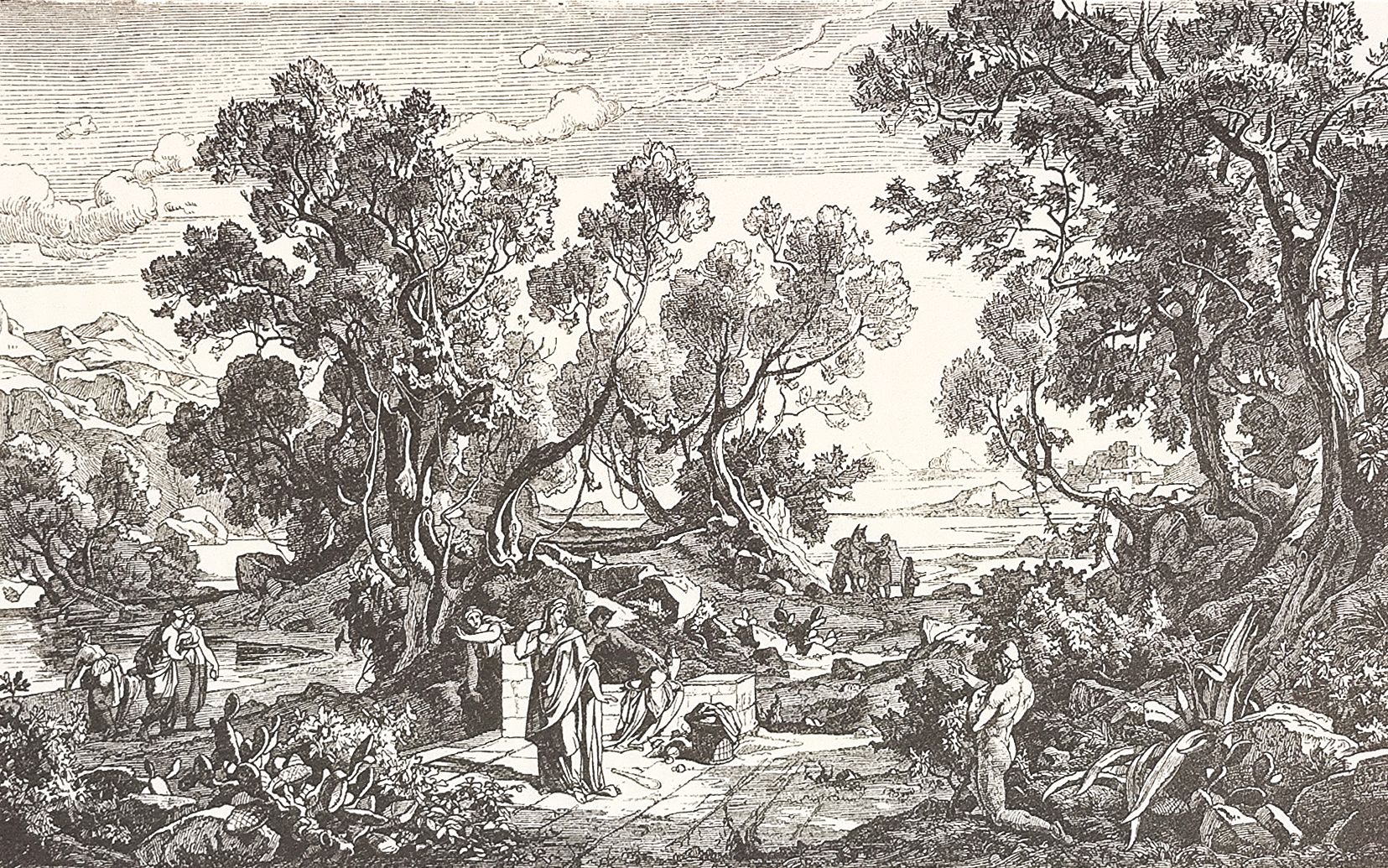 Odysseus tritt mit einem belaubten Zweig vor seiner Blöße dem Mädchen Nausikaa entgegen und bittet um Hilfe. Bild aus der Prachtausgabe der Ilias von 1882: Kohlezeichnung von Friedrich Preller d.J. (gemeinfrei) Odysseus tritt mit einem belaubten Zweig vor seiner Blöße dem Mädchen Nausikaa entgegen und bittet um Hilfe. Bild aus der Prachtausgabe der Ilias von 1882: Kohlezeichnung von Friedrich Preller d.J. (gemeinfrei)