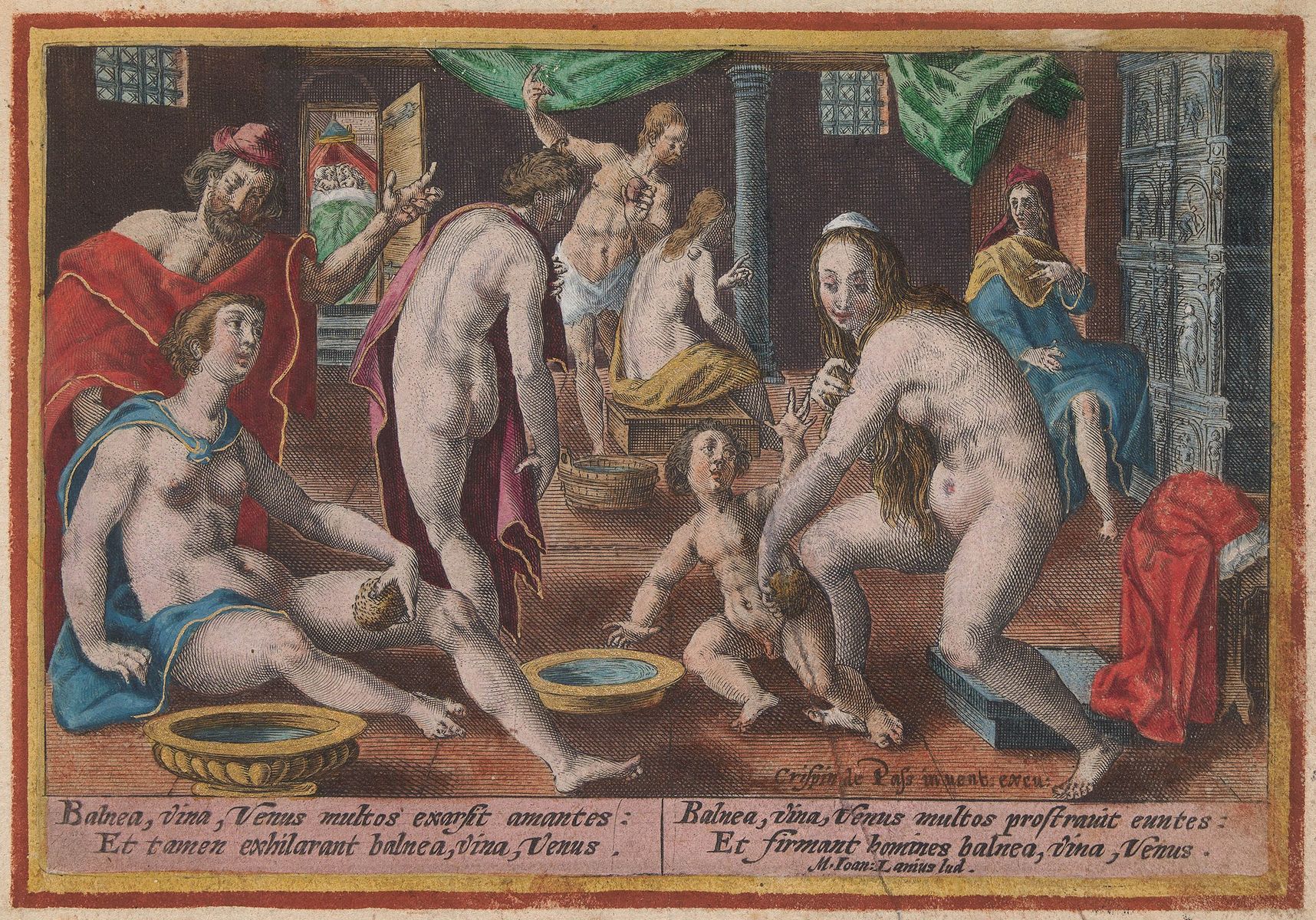 Die Szene aus dem Badehaus in Paris von 1671 <!-- START: ConditionalContent -->wird in lateinischen Worten kommentiert: »Bäder, Wein und Venus brennen Liebende aus, und doch machen sie glücklich. Bäder, Wein und Venus lassen manchen straucheln und machen die Menschen doch stark.« Der Blick durch die kleine Tür ins Nachbarkabinett erklärt, wo die Venus ihre Aufgabe erfüllt.<!-- END: ConditionalContent --> Collection Koninklijke Bibliotheek. Public domain