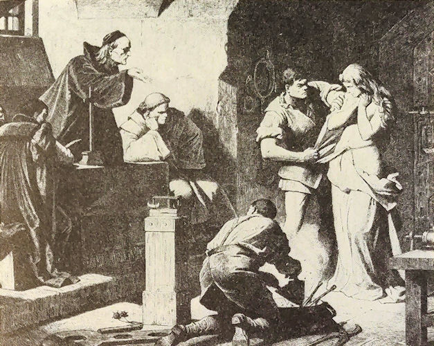 Während eines Inquisitions-Verhörs wird eine angebliche »Hexe« entkleidet.<!-- START: ConditionalContent --> Der am Boden knieende Folterknecht hat bereits Zange und andere Folter-Utensilien bereit gelegt. <!-- END: ConditionalContent -->Public Domain