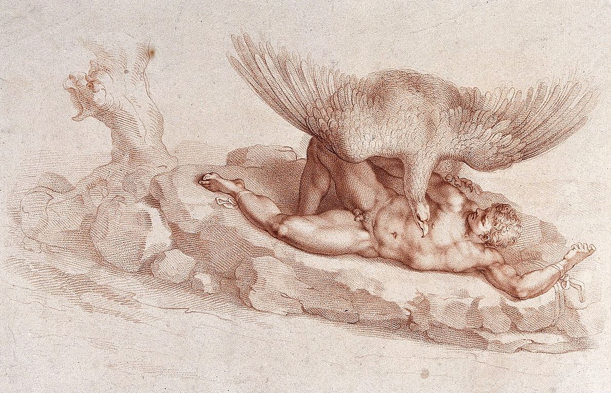 Prometheus hatte den Menschen das Feuer gebracht. Als Strafe ließ Zeus ihn an einen Felsen im Kaukasus anschmieden, wo er jeden Tag von einem Adler besucht wurde, der seine Leber fraß - die aber jeden Tag nachwuchs. Public Domain.