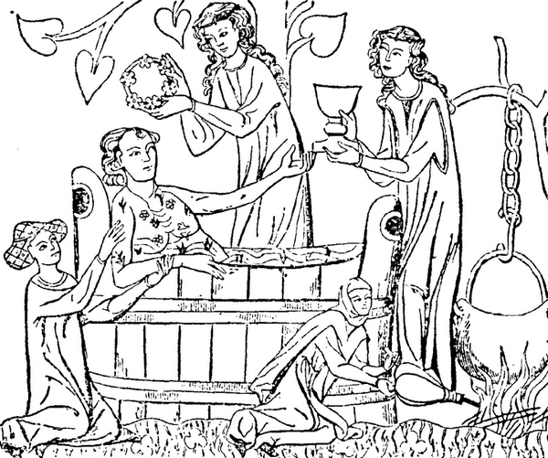 Bad im Holzzuber - Man wird bekränzt, Kräuter und Blumen aromatisieren das Badewasser<!-- START: ConditionalContent -->, ein Kelch mit Getränk wird gereicht, bei Bedarf warmes Wasser nachgegossen - Verwöhnung als Willkommensgruß<!-- END: ConditionalContent -->. Public Domain