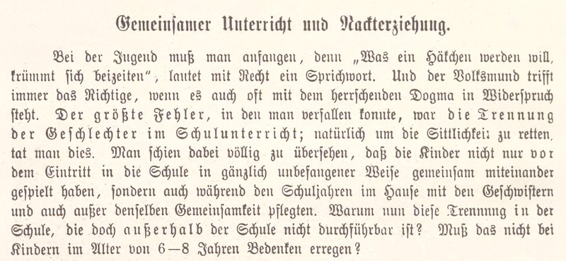 In seinem Buch »Nackt« plädiert Richard Ungewitter für gemeinsamen Schulunterricht für Jungen und Mädchen sowie Nackterziehung